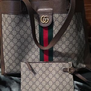 Gucci  Ophedlia Signature Brown and Green Tote with Pouch